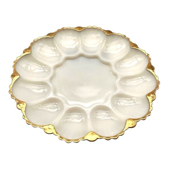 Vintage Plate Anchor Hocking Fire King Milk Glass Deviled Egg Dish 22K Gold Trim - Picture 7 of 11